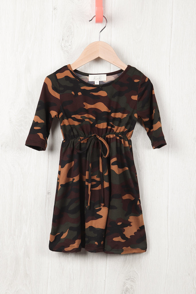 Toddler Girls Quarter Sleeved Cinch Waist Self Tie Front Camo Dress