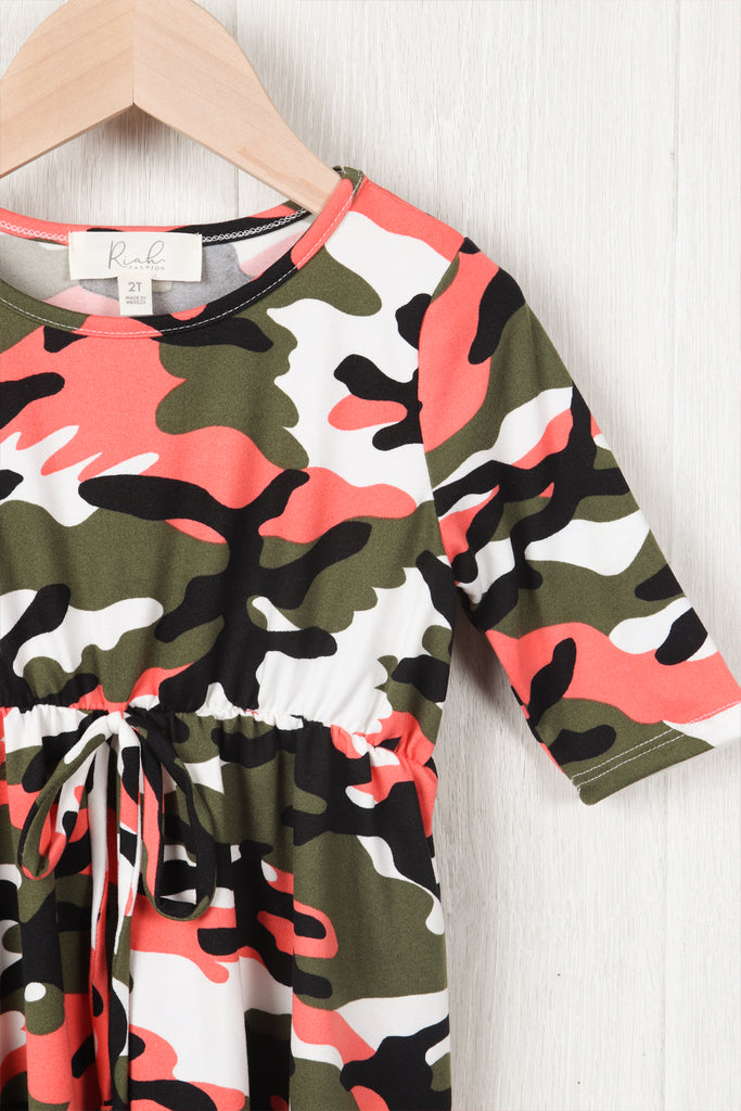 Toddler Girls Quarter Sleeved Cinch Waist Self Tie Front Camo Dress