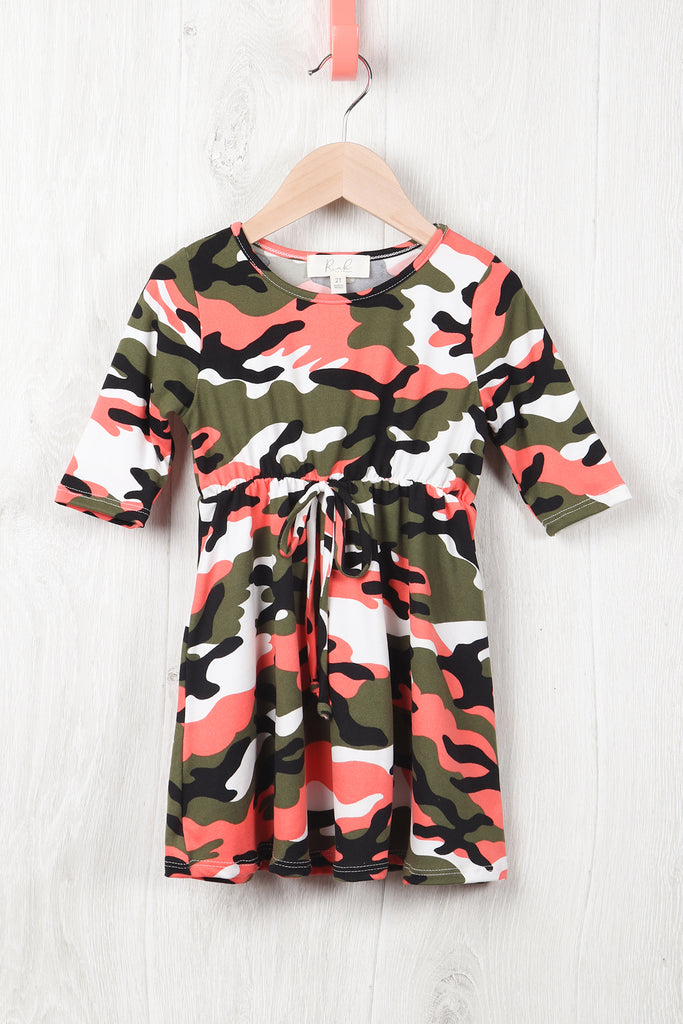 Toddler Girls Quarter Sleeved Cinch Waist Self Tie Front Camo Dress
