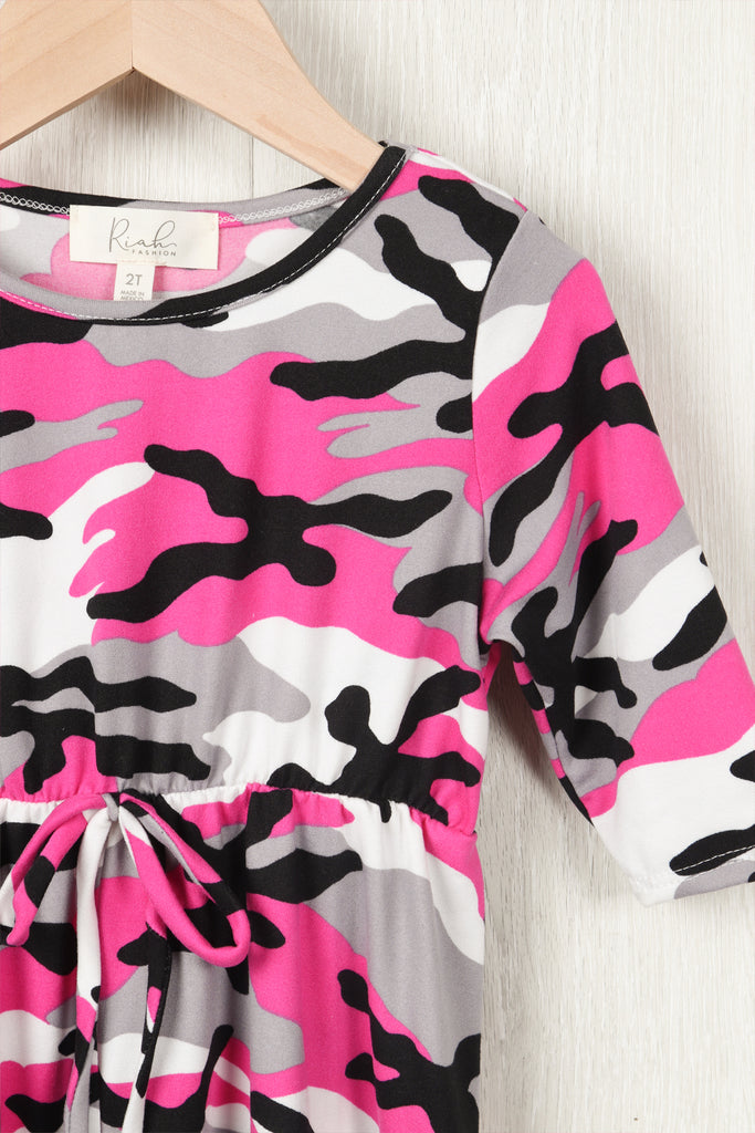 Toddler Girls Quarter Sleeved Cinch Waist Self Tie Front Camo Dress