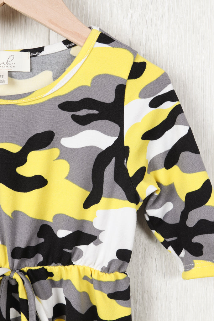 Toddler Girls Quarter Sleeved Cinch Waist Self Tie Front Camo Dress