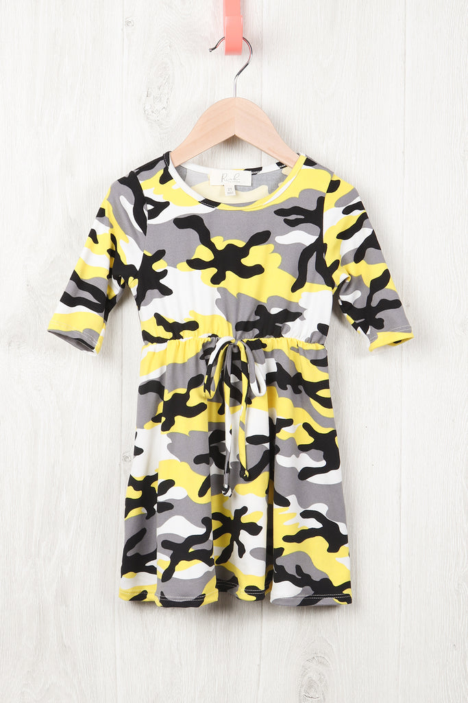 Toddler Girls Quarter Sleeved Cinch Waist Self Tie Front Camo Dress