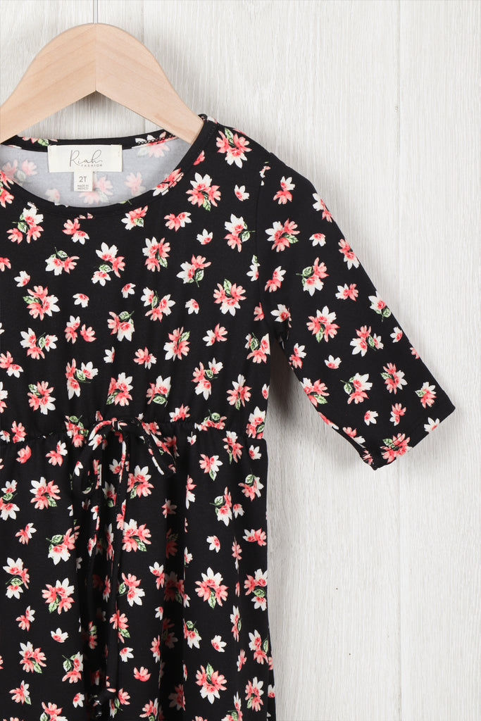 Toddler Girls Quarter Sleeved Floral Cinch Waist Ribbon Detail Dress