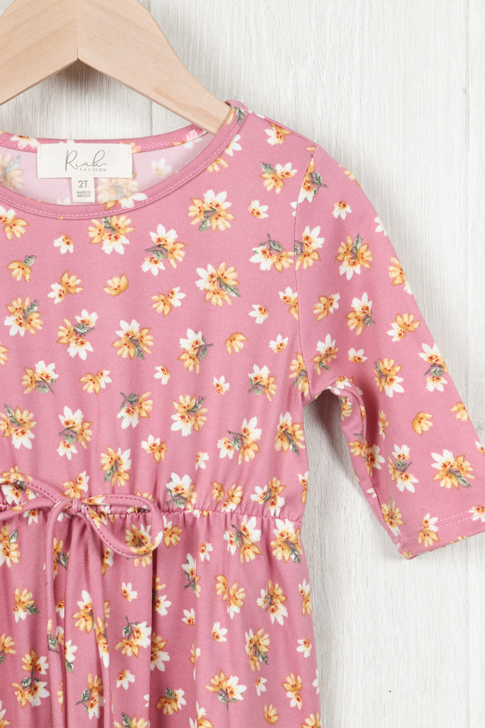 Toddler Girls Quarter Sleeved Floral Cinch Waist Ribbon Detail Dress