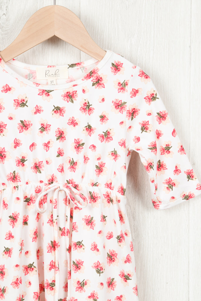 Toddler Girls Quarter Sleeved Floral Cinch Waist Ribbon Detail Dress