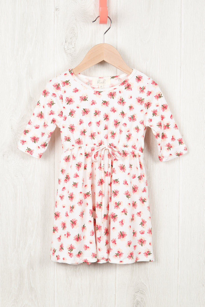 Toddler Girls Quarter Sleeved Floral Cinch Waist Ribbon Detail Dress
