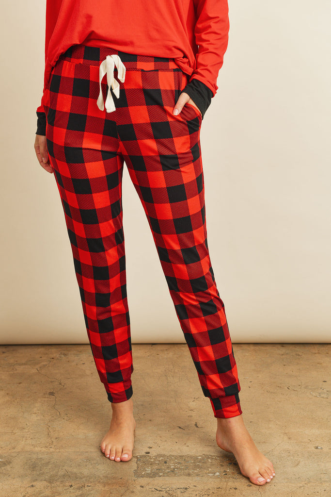 Solid Top and Plaid Joggers Set With Self Tie