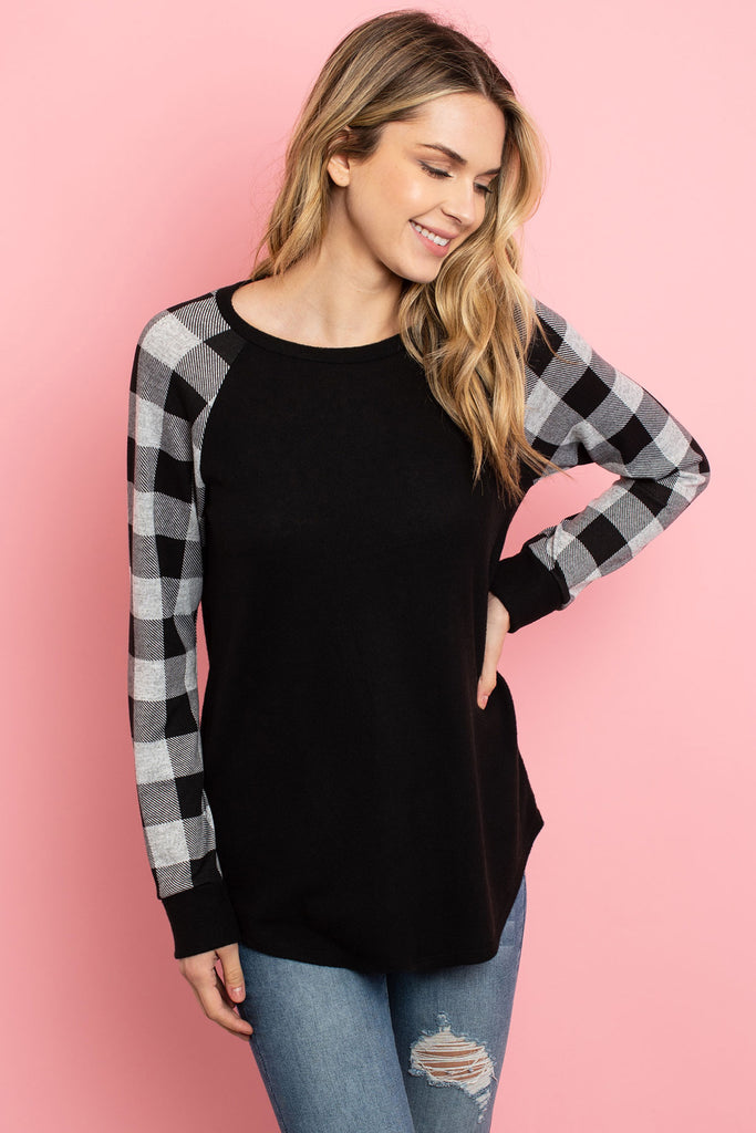 Plaid Long Sleeve Solid Brushed Hacci Top