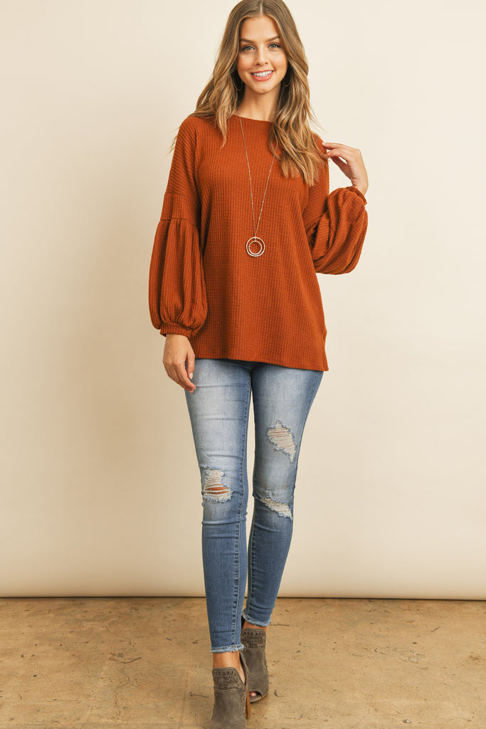 Solid Waffle Puff Sleeved Sweater