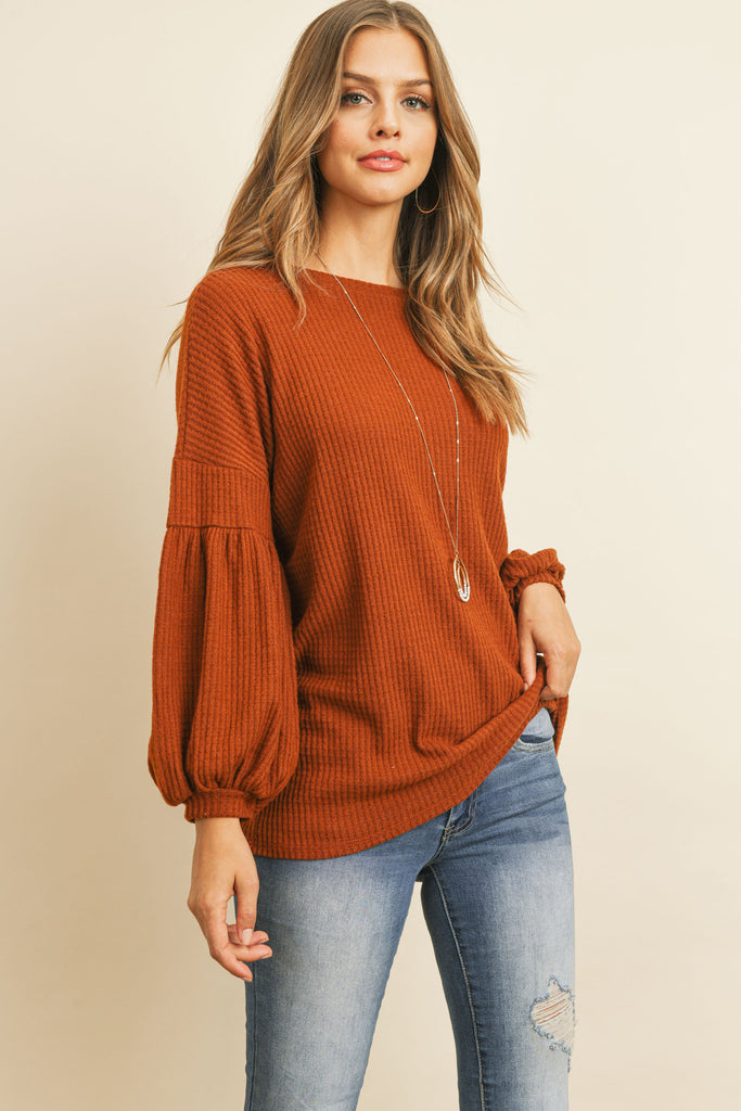 Solid Waffle Puff Sleeved Sweater