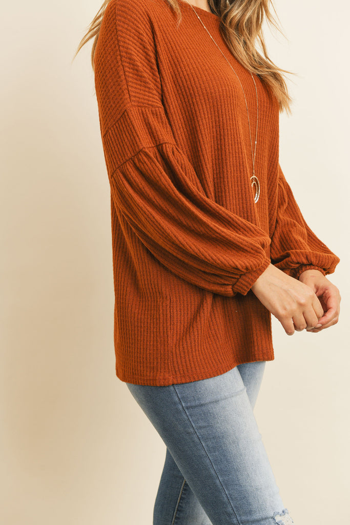 Solid Waffle Puff Sleeved Sweater