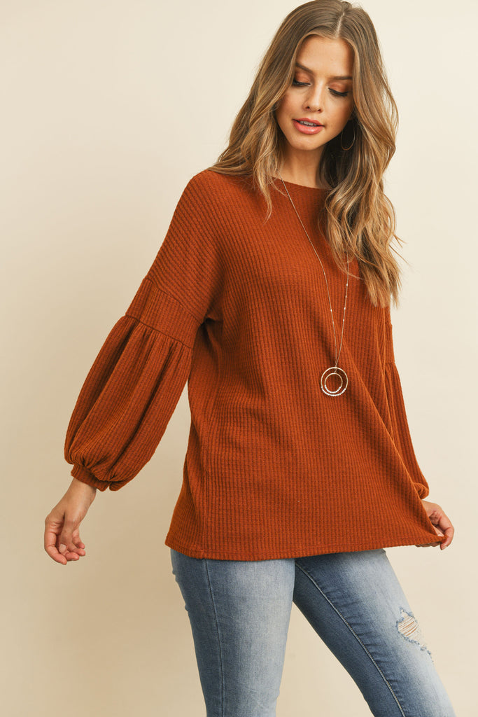 Solid Waffle Puff Sleeved Sweater