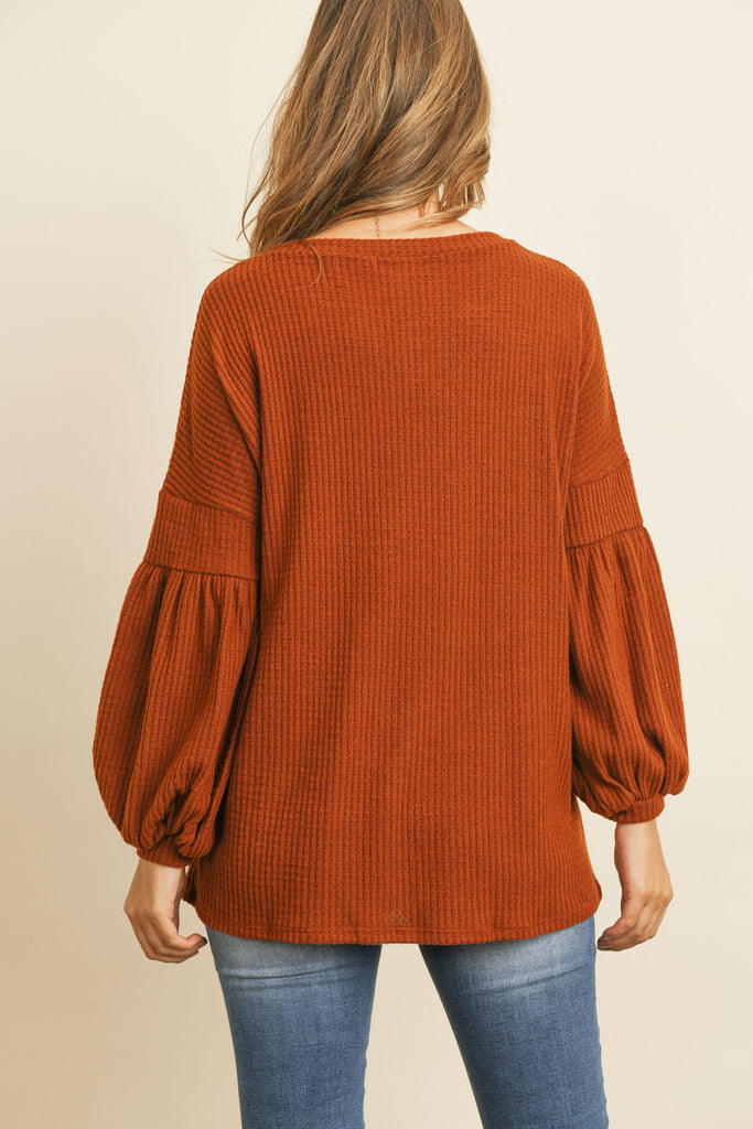 Solid Waffle Puff Sleeved Sweater