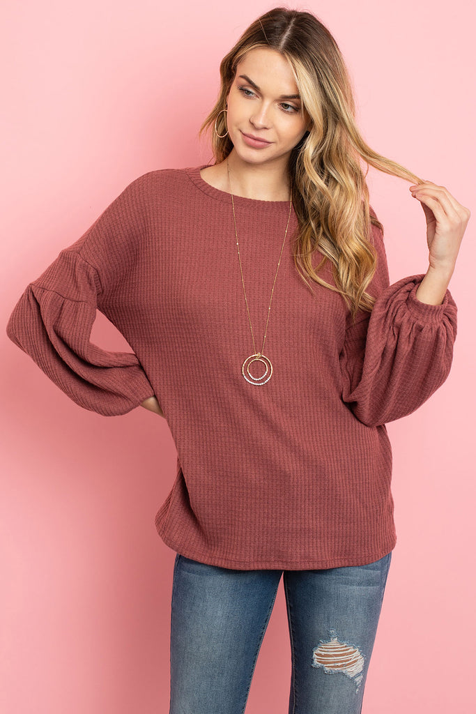 Solid Waffle Puff Sleeved Sweater