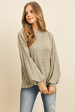 Puff Sleeved Boat Neck Two Toned Brushed Hacci Top