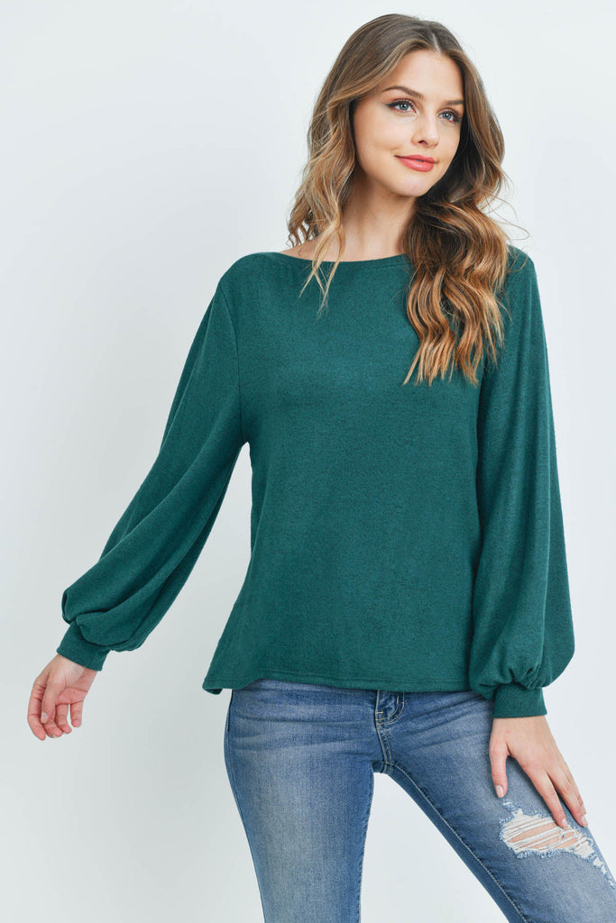 Puff Sleeved Boat Neck Two Toned Brushed Hacci Top