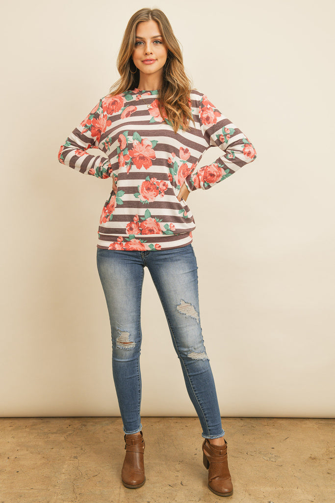 Round Neck Floral Striped Pullover