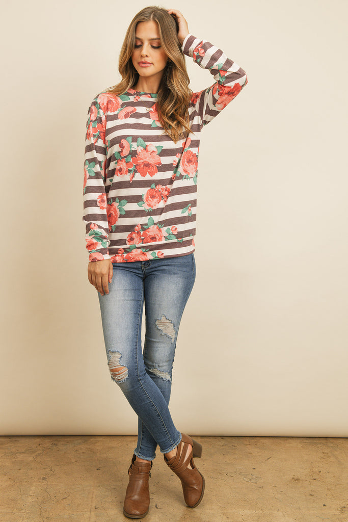Round Neck Floral Striped Pullover