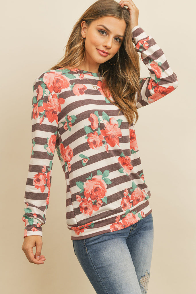 Round Neck Floral Striped Pullover