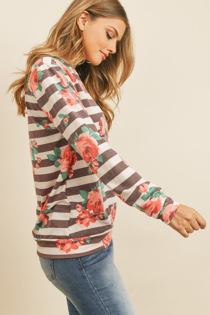 Round Neck Floral Striped Pullover