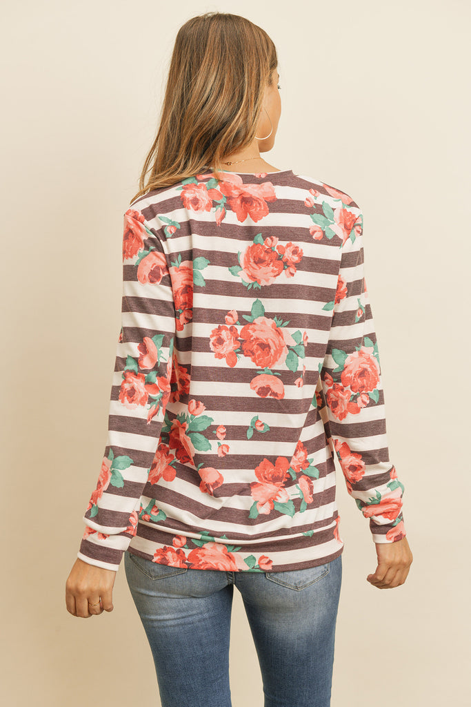 Round Neck Floral Striped Pullover