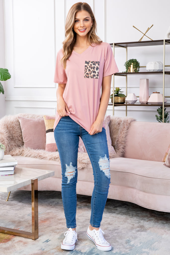 Leopard Pocket V-Neck Boyfriend Top