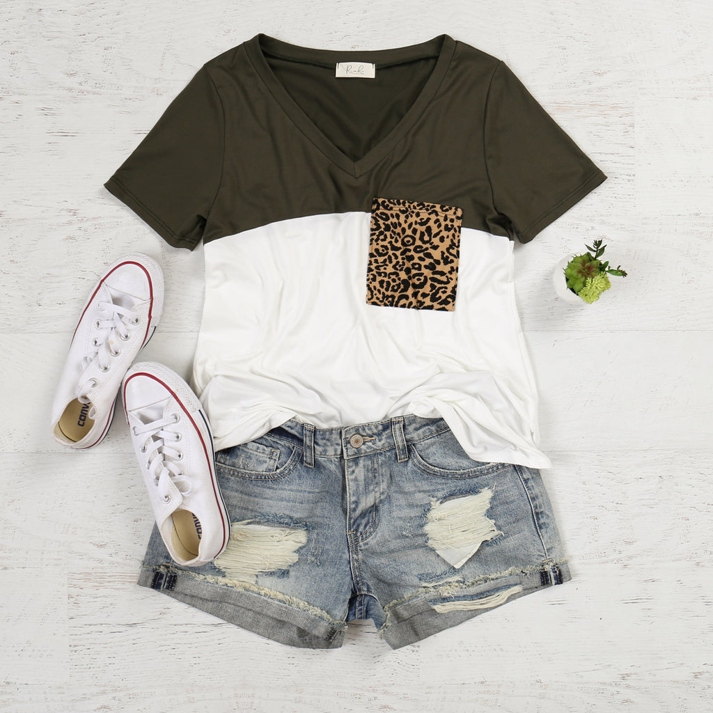 Leopard Pocket Color Block Top