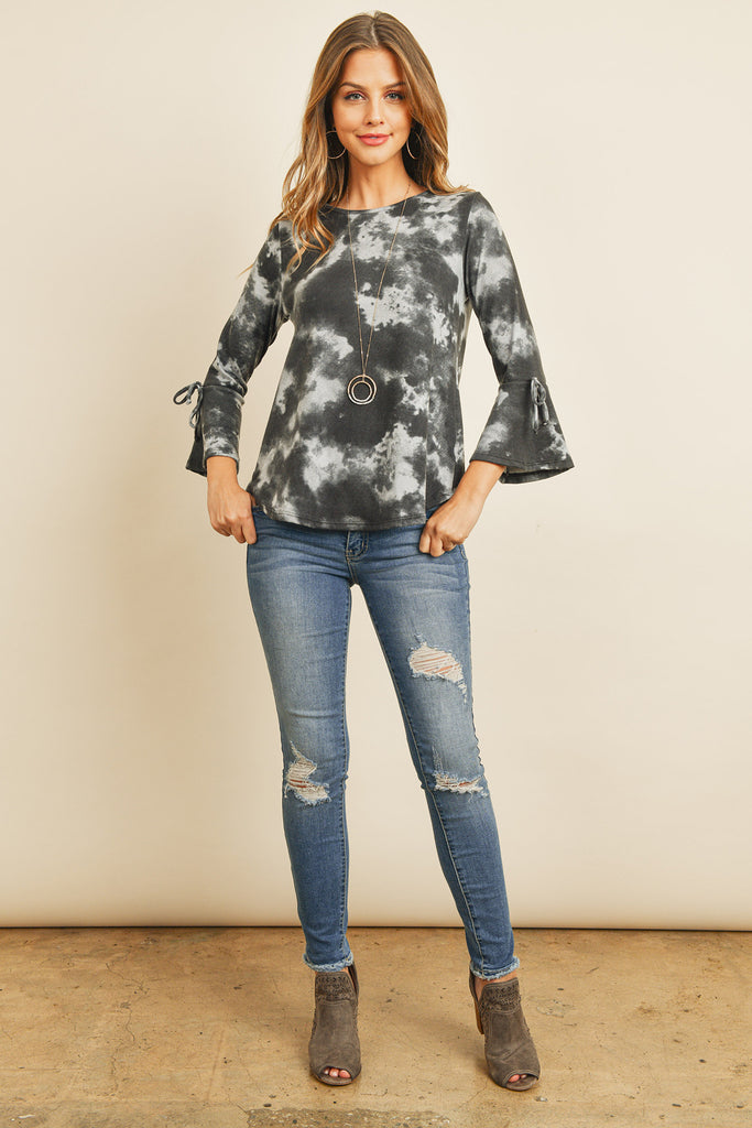 Tie Dye Bell Sleeved Ribbon Detail Swing Top
