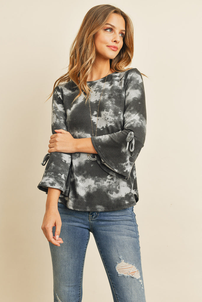 Tie Dye Bell Sleeved Ribbon Detail Swing Top