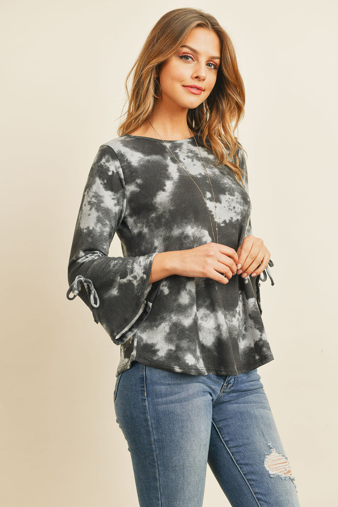 Tie Dye Bell Sleeved Ribbon Detail Swing Top