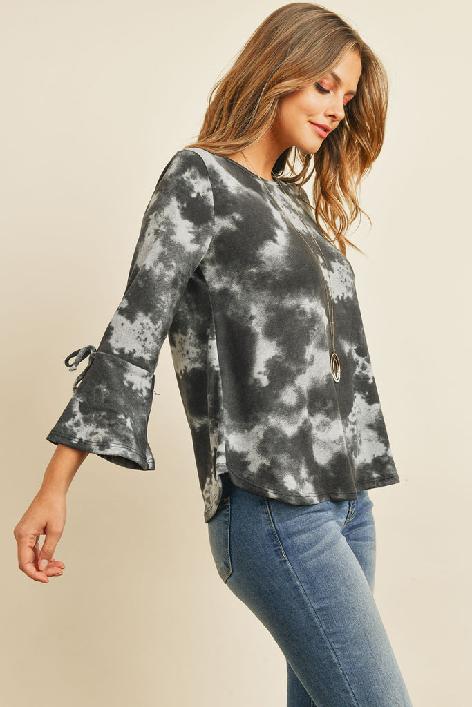Tie Dye Bell Sleeved Ribbon Detail Swing Top