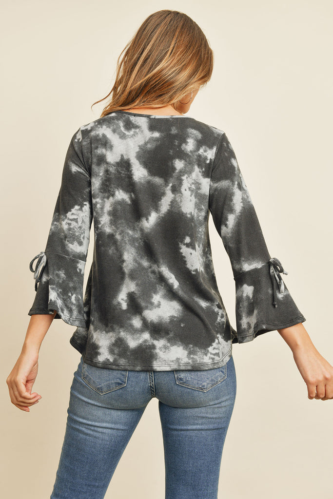 Tie Dye Bell Sleeved Ribbon Detail Swing Top