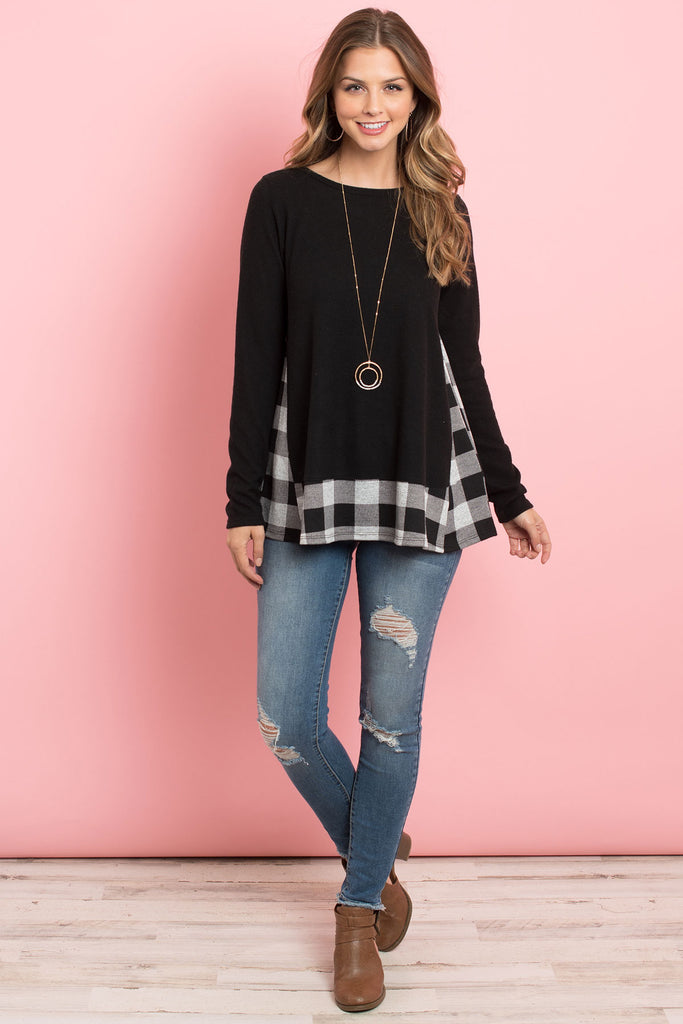 Plaid Contrast Long Sleeve Solid Top