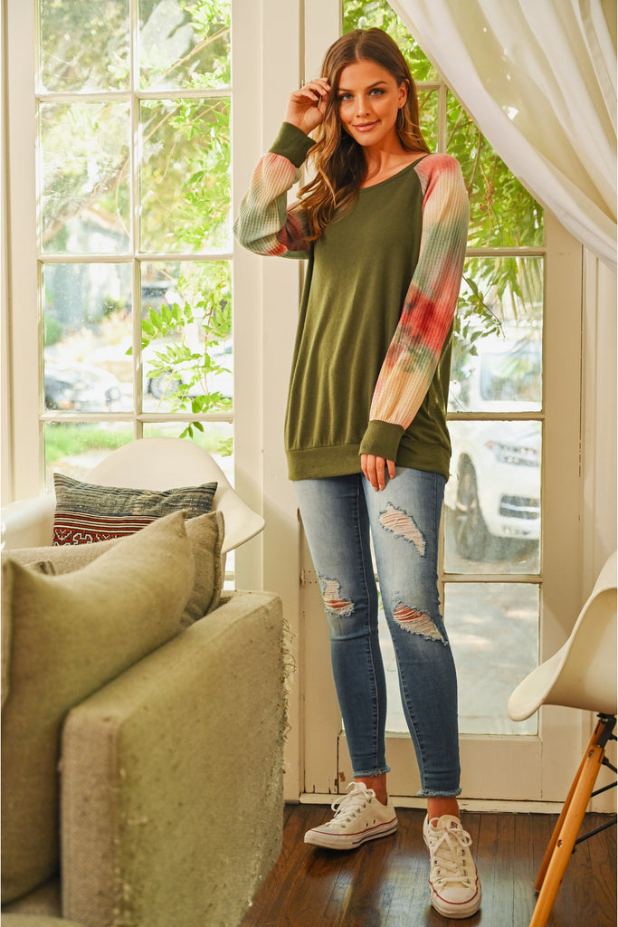 Waffle Tie Dye Sleeve Brushed Hacci Top