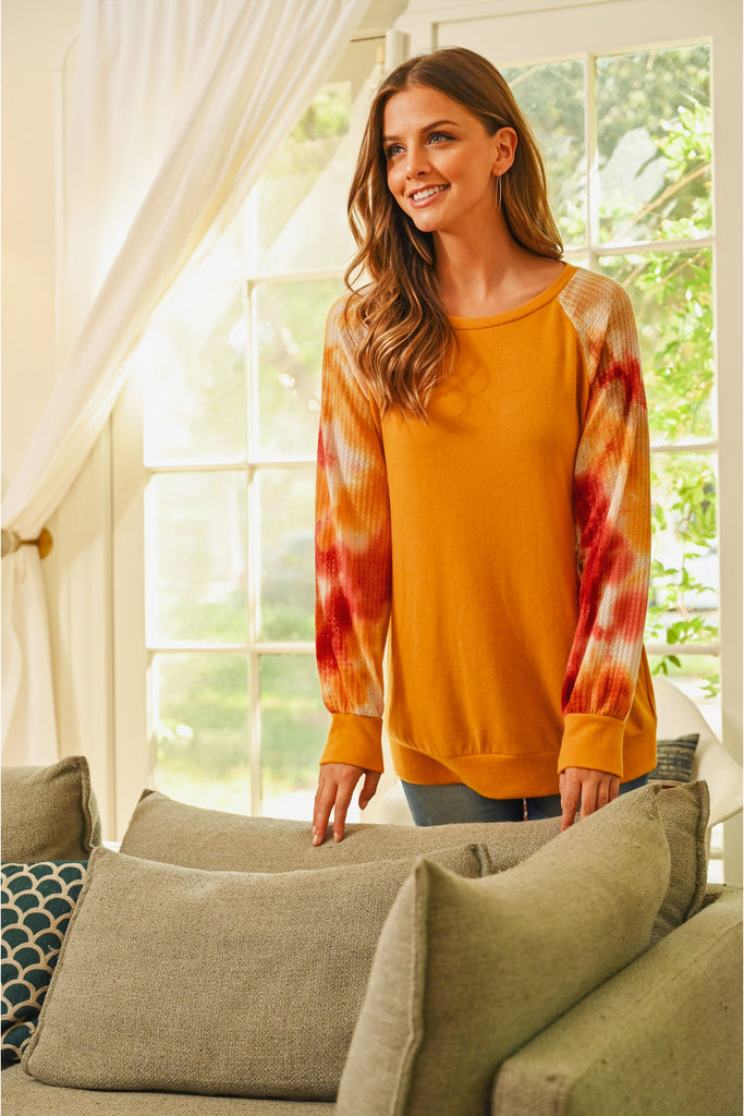 Waffle Tie Dye Sleeve Brushed Hacci Top