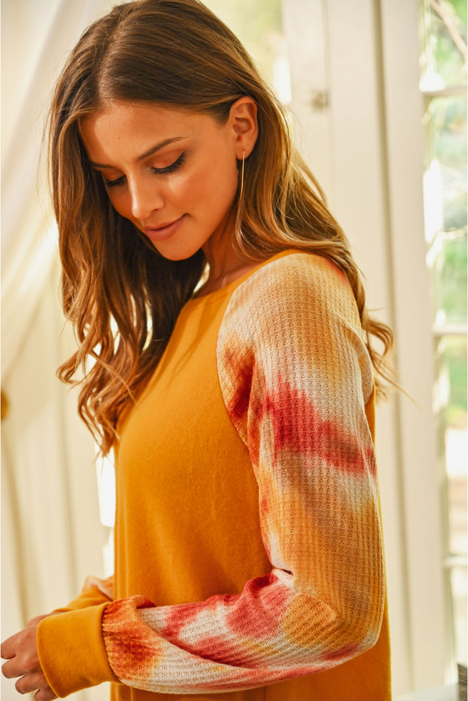Waffle Tie Dye Sleeve Brushed Hacci Top
