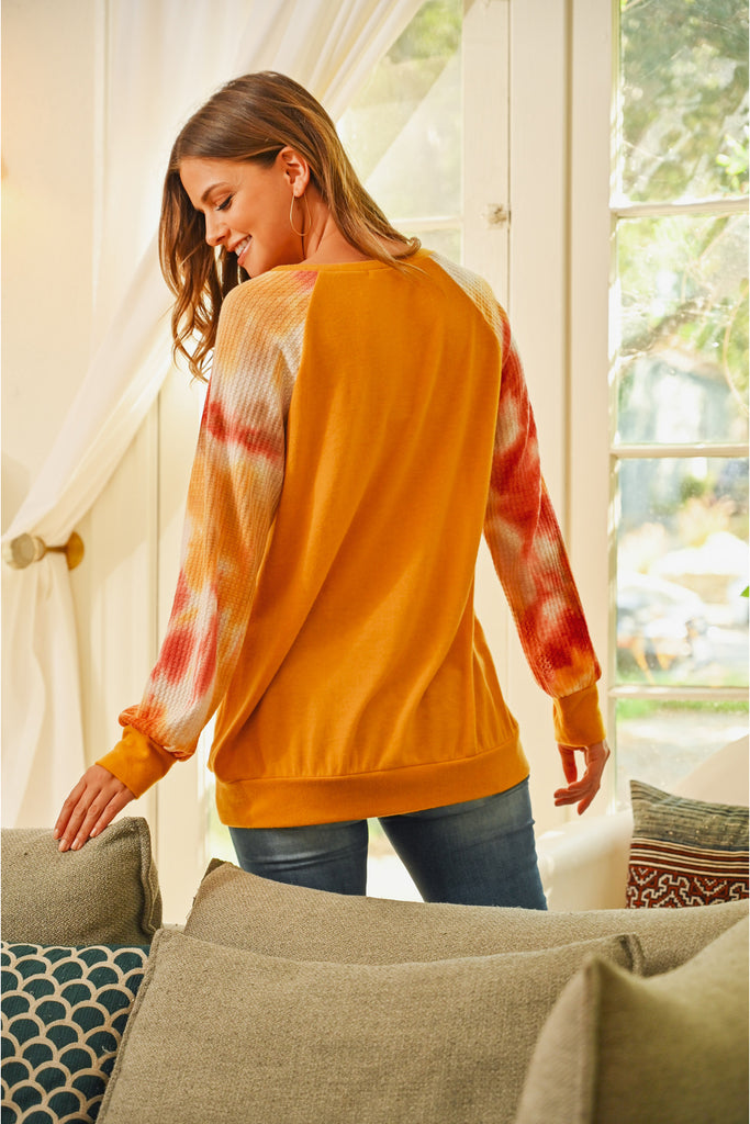 Waffle Tie Dye Sleeve Brushed Hacci Top