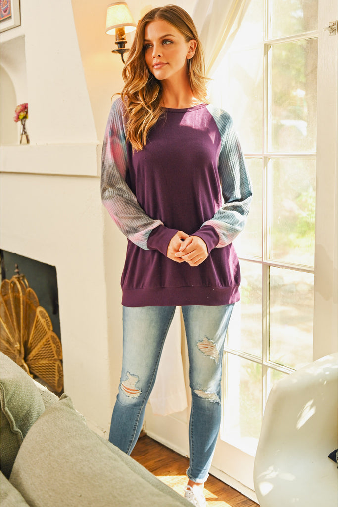 Waffle Tie Dye Sleeve Brushed Hacci Top