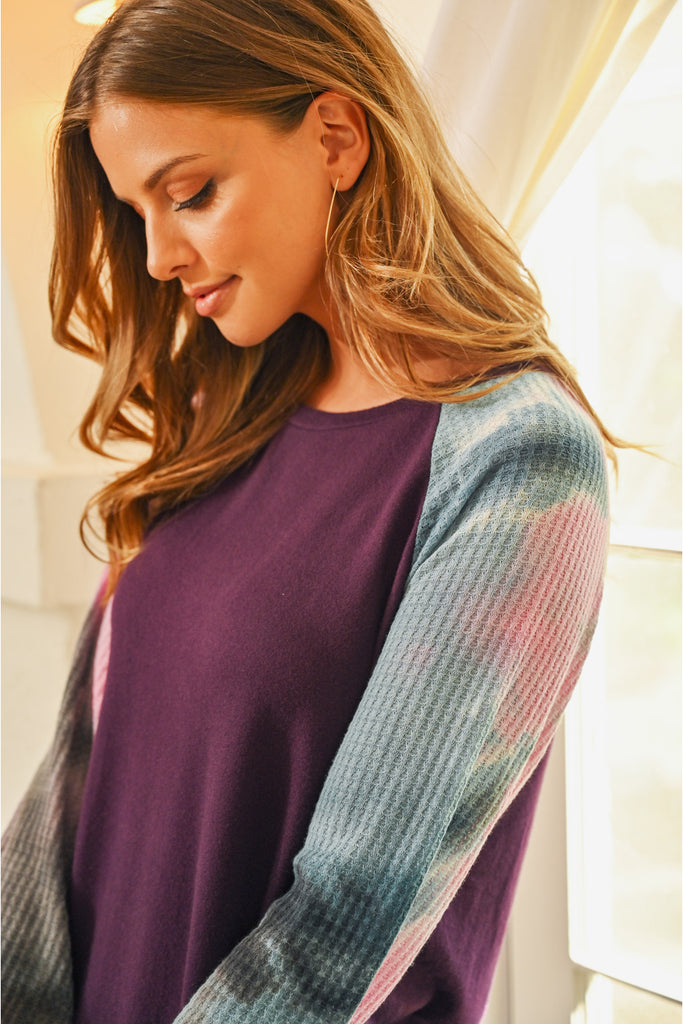 Waffle Tie Dye Sleeve Brushed Hacci Top