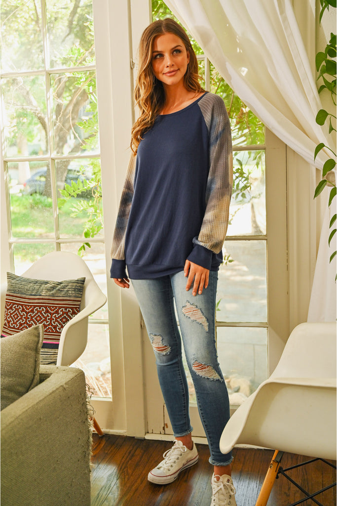 Waffle Tie Dye Sleeve Brushed Hacci Top