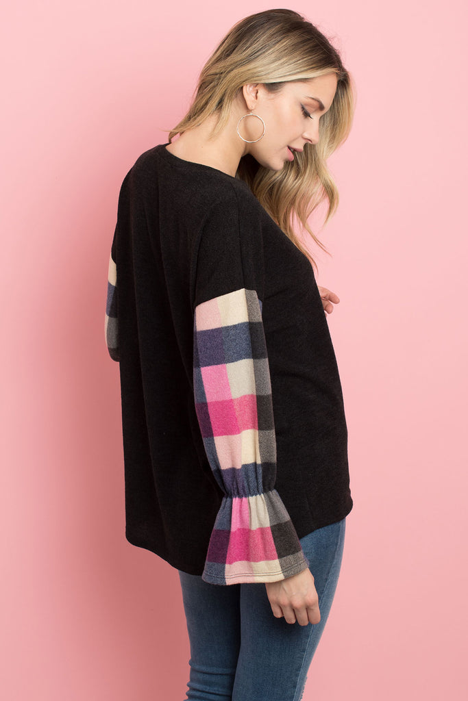 Plaid Bell Sleeves Mier Sweater