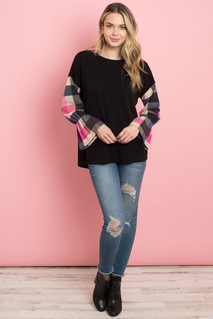 Plaid Bell Sleeves Mier Sweater