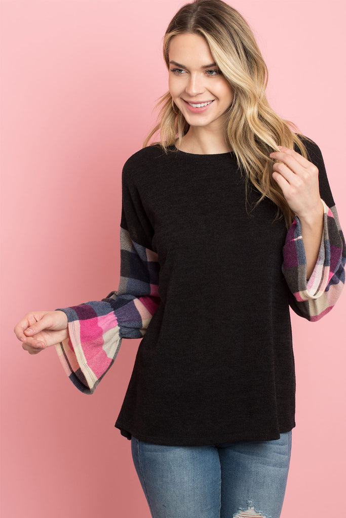 Plaid Bell Sleeves Mier Sweater