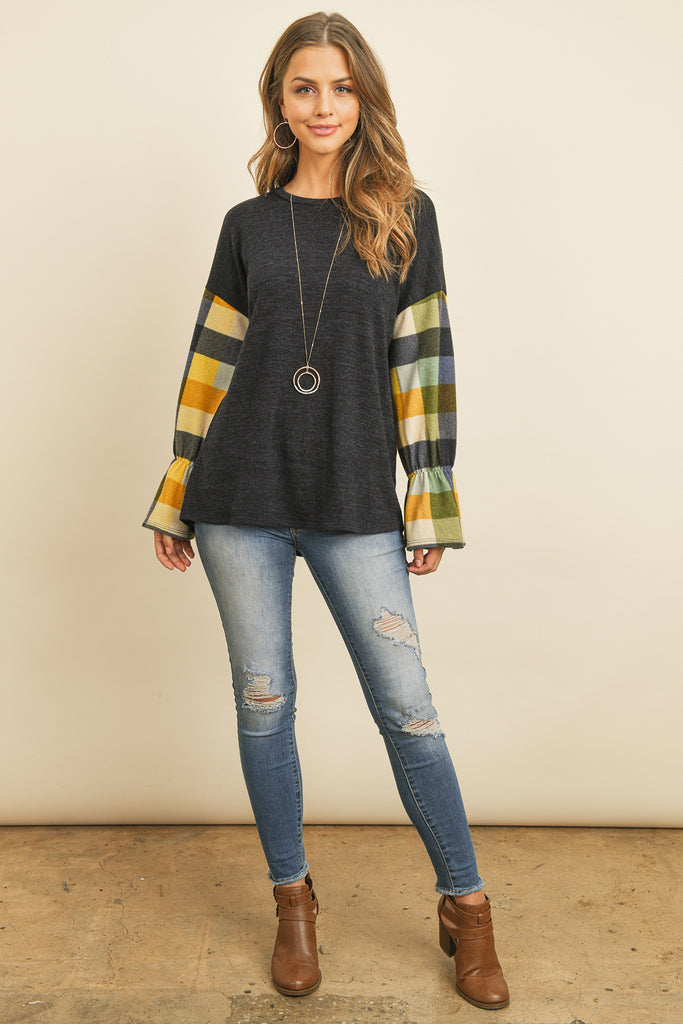 Plaid Bell Sleeves Mier Sweater