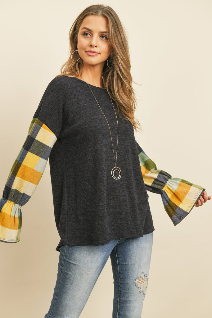 Plaid Bell Sleeves Mier Sweater