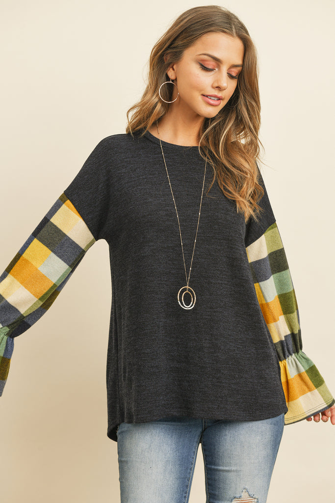 Plaid Bell Sleeves Mier Sweater