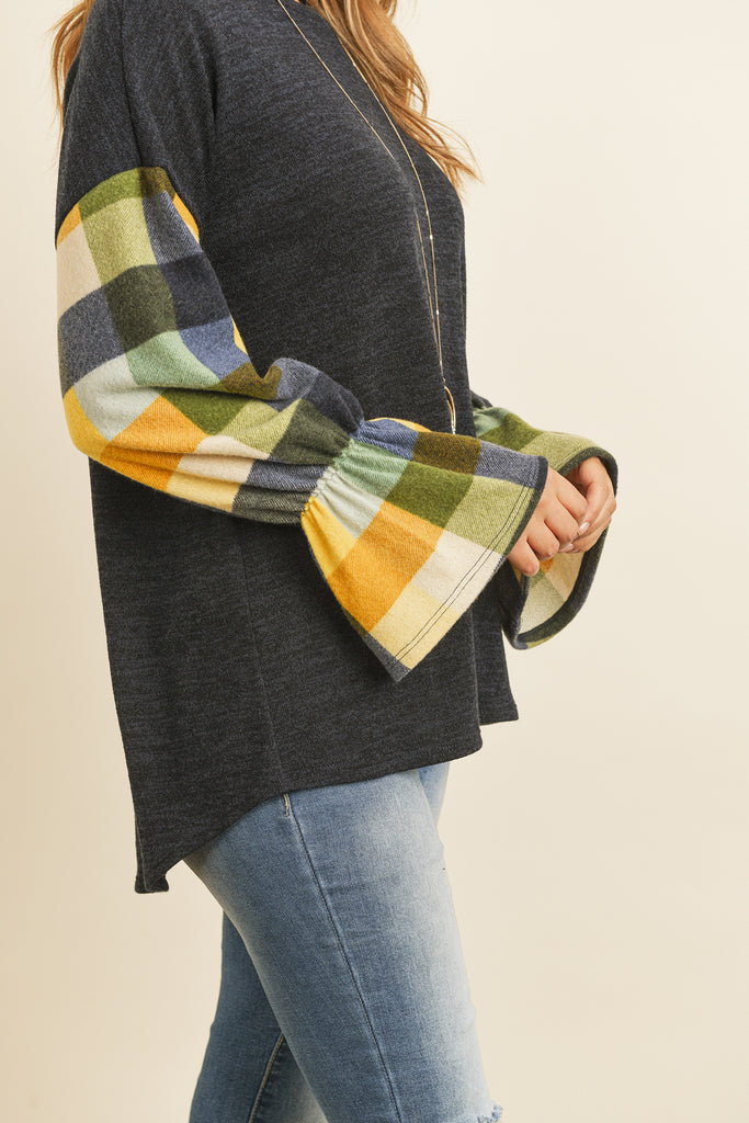Plaid Bell Sleeves Mier Sweater