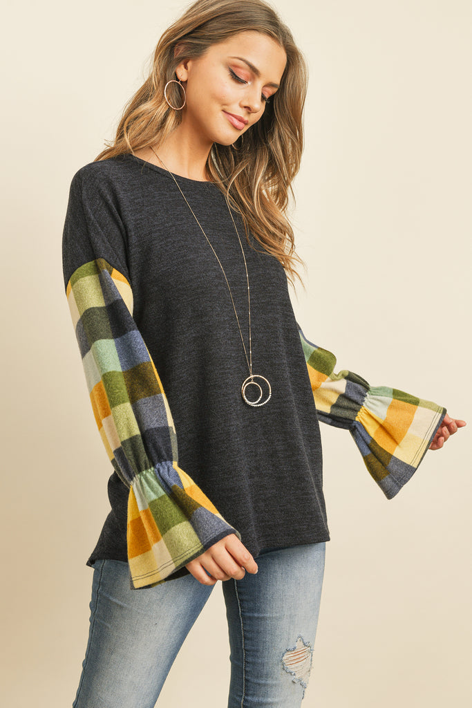 Plaid Bell Sleeves Mier Sweater