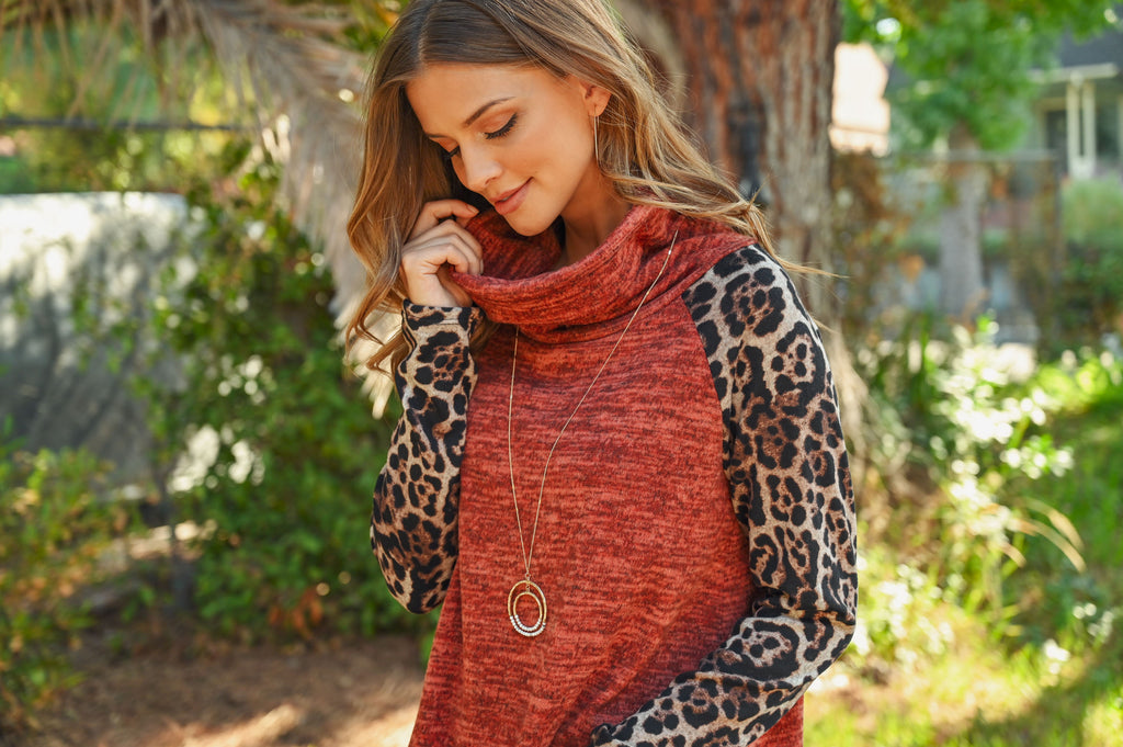 Leopard Sleeve Cowl Neck Two Tones Hacci Top