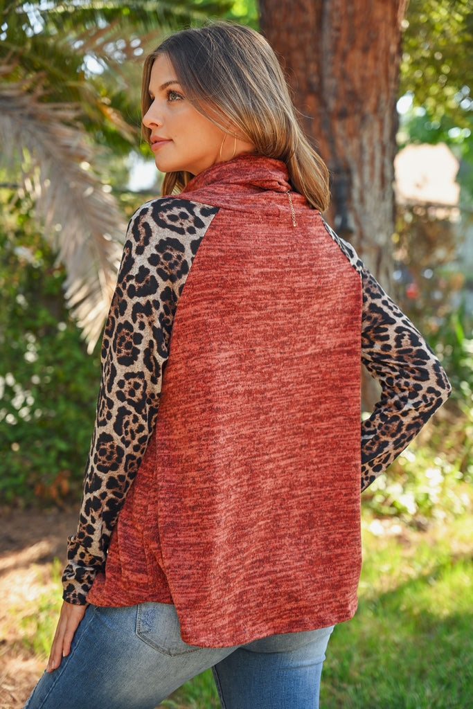 Leopard Sleeve Cowl Neck Two Tones Hacci Top